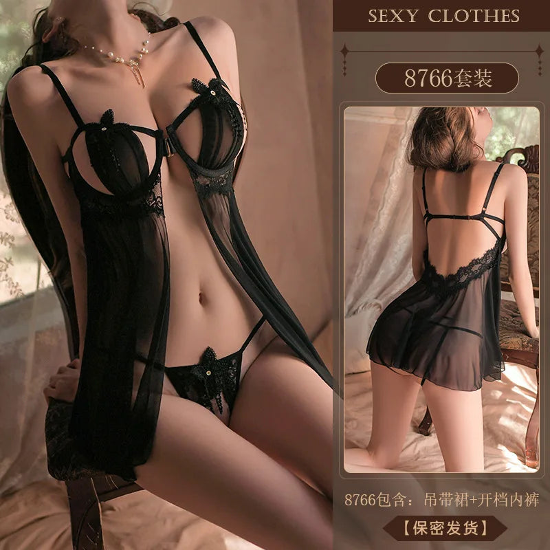 Lingerie Fashion Sexy Lace Transparent Mature Charm Elegant Romantic Elegant Passion Lace Temptation Hot Uniform Dress T1UT