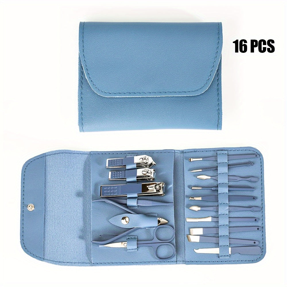 16pcs Household Multi-Functional Stainless Steel Ear Spoon Nail Clippers Pedicure Nail Scissors Tool Set with Folding Bag Manicure Cutter Kits