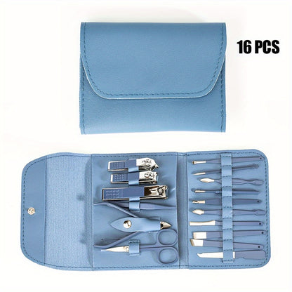 16pcs Household Multi-Functional Stainless Steel Ear Spoon Nail Clippers Pedicure Nail Scissors Tool Set with Folding Bag Manicure Cutter Kits