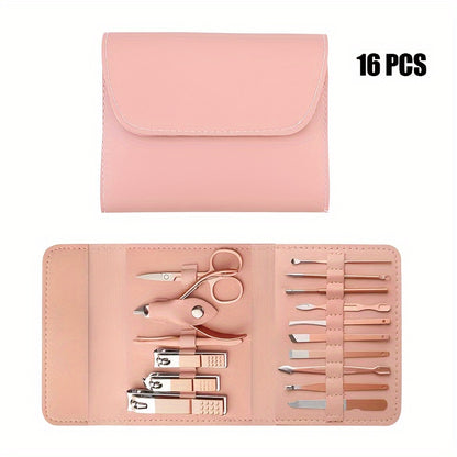 16pcs Household Multi-Functional Stainless Steel Ear Spoon Nail Clippers Pedicure Nail Scissors Tool Set with Folding Bag Manicure Cutter Kits