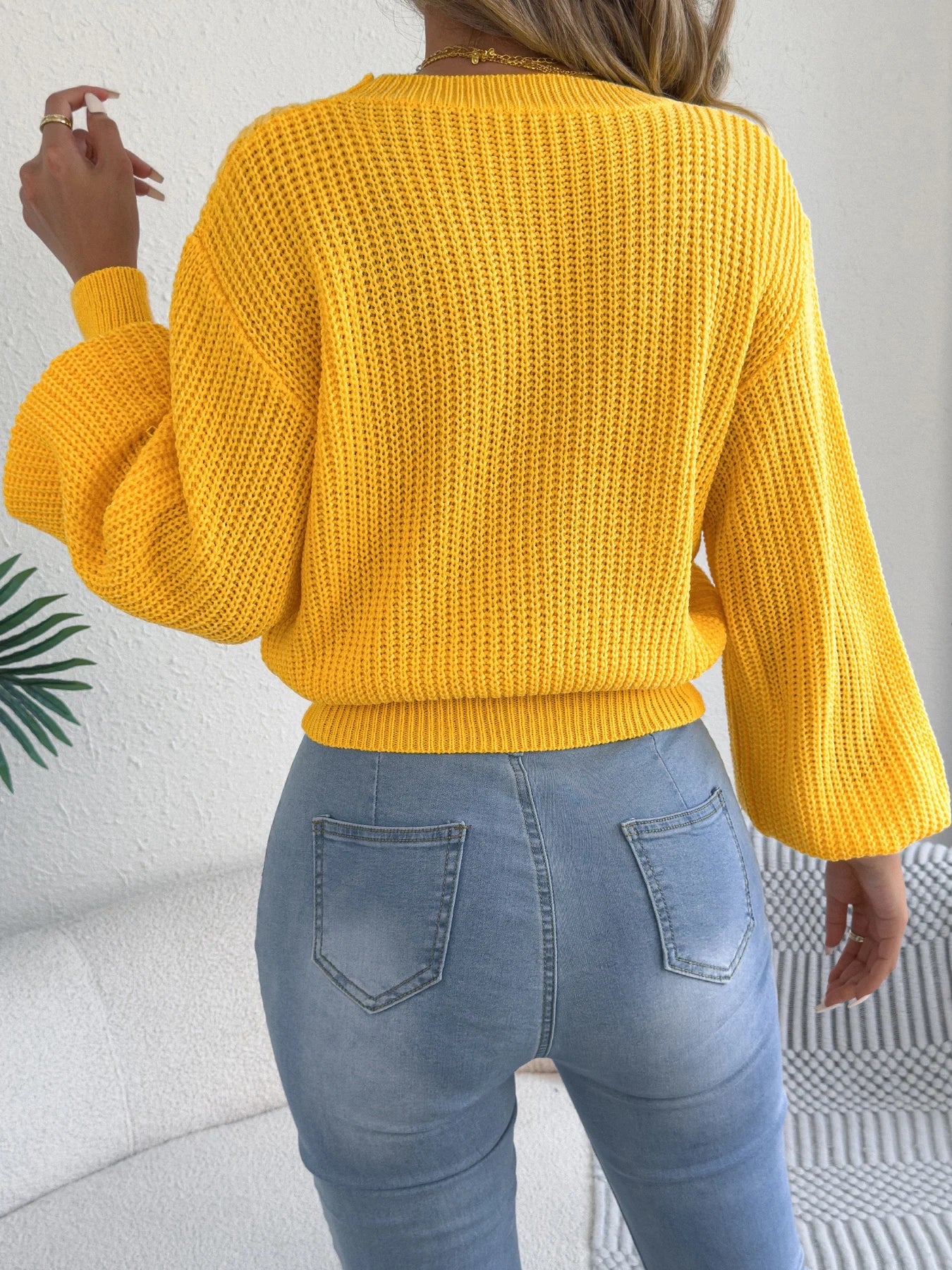 Women's Solid Color Round Neck Lantern Long Sleeve Knitted Sweaters for 2025 Autumn Winter Clothes Yellow Red Khaki