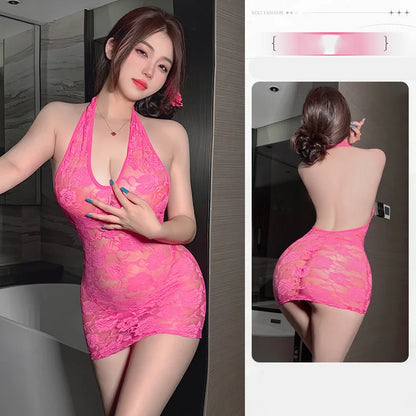 Lingerie dress Lace perspective seductive neck hanging revealing chest tight fitting hip hugging dress fetish latex sexy outfits