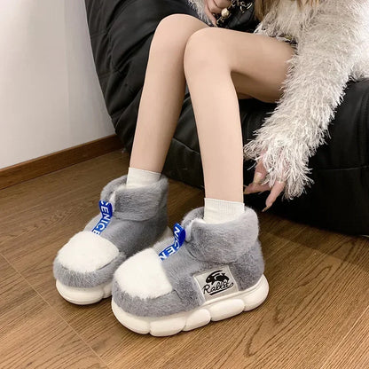 Rabbit Cotton Slippers Men Winter Warm Shoes Plush Lining Indoor Slipper Couple Platform High Top Snow Boots Male Home Slipper