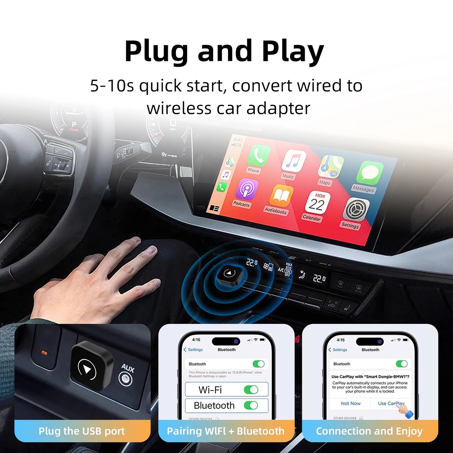 2025 Ultra Mini 2-in-1 Wireless CarPlay&Android Auto Adapter 5.8GHz WiFi Plug&Play for 99% Factory Wired Cars BT 5.0 OTA Upgrade