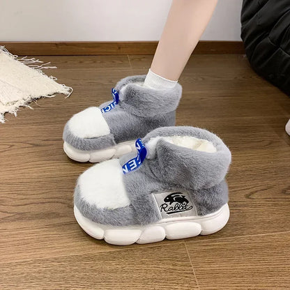 Rabbit Cotton Slippers Men Winter Warm Shoes Plush Lining Indoor Slipper Couple Platform High Top Snow Boots Male Home Slipper