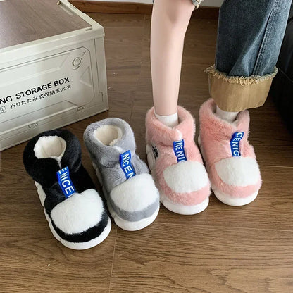 Rabbit Cotton Slippers Men Winter Warm Shoes Plush Lining Indoor Slipper Couple Platform High Top Snow Boots Male Home Slipper