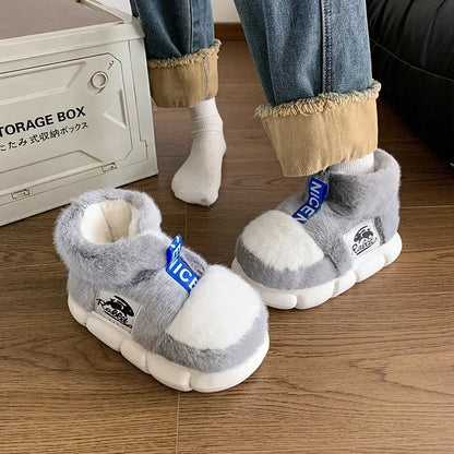 Rabbit Cotton Slippers Men Winter Warm Shoes Plush Lining Indoor Slipper Couple Platform High Top Snow Boots Male Home Slipper