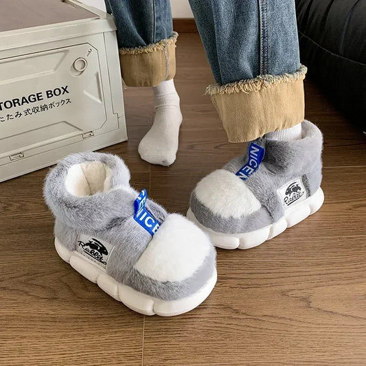 Rabbit Cotton Slippers Men Winter Warm Shoes Plush Lining Indoor Slipper Couple Platform High Top Snow Boots Male Home Slipper