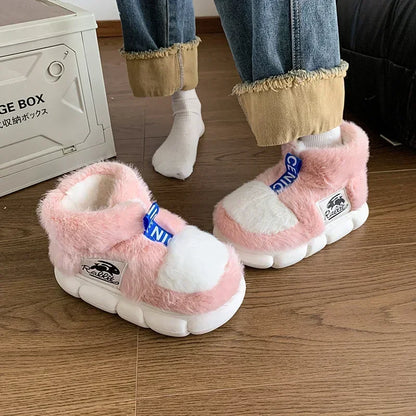 Rabbit Cotton Slippers Men Winter Warm Shoes Plush Lining Indoor Slipper Couple Platform High Top Snow Boots Male Home Slipper