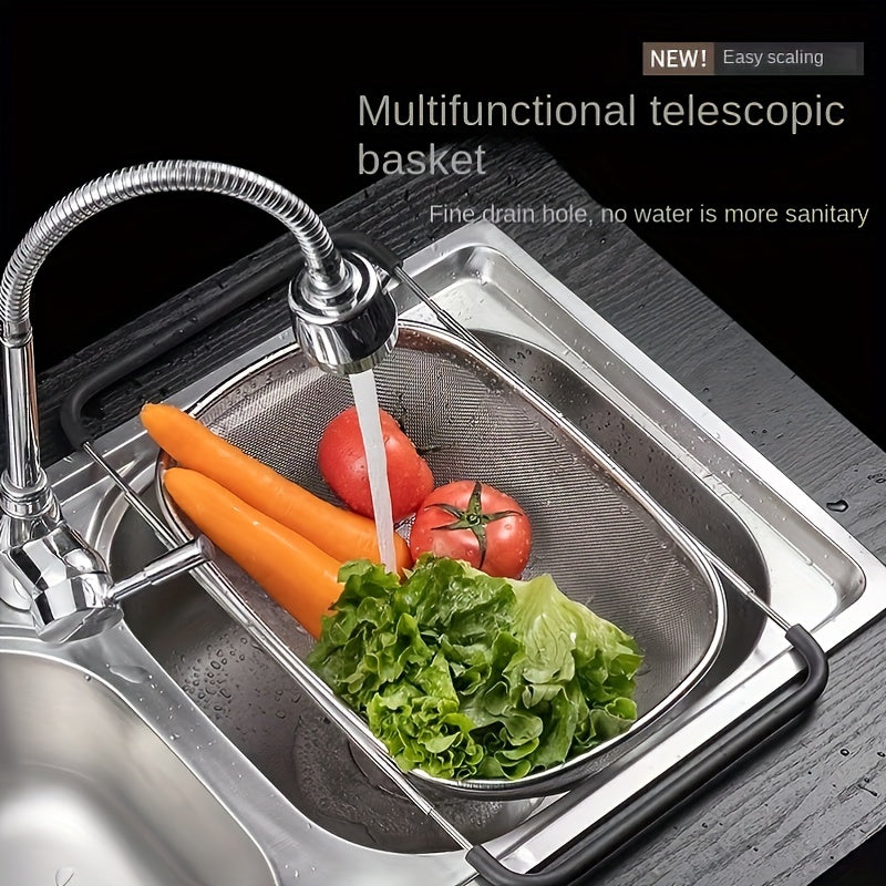 1pc, Sink Colander, Vegetable Sink Washing Basket, Fruit Drain Basket Rack, Stainless Steel Drain Basket, Strainer Basket, Adjustable Sink Rack, Multifunctional Colander, Kitchen Stuff, Kitchen Gadgets, Kitchen Accessories