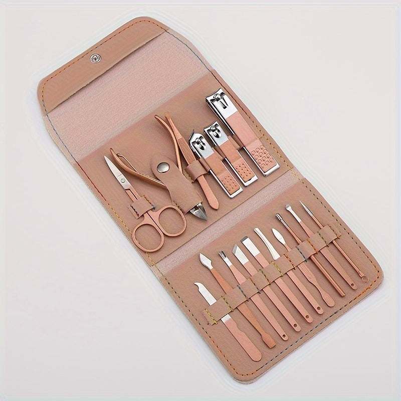 16pcs Household Multi-Functional Stainless Steel Ear Spoon Nail Clippers Pedicure Nail Scissors Tool Set with Folding Bag Manicure Cutter Kits