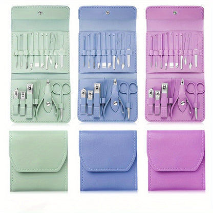 16pcs Household Multi-Functional Stainless Steel Ear Spoon Nail Clippers Pedicure Nail Scissors Tool Set with Folding Bag Manicure Cutter Kits